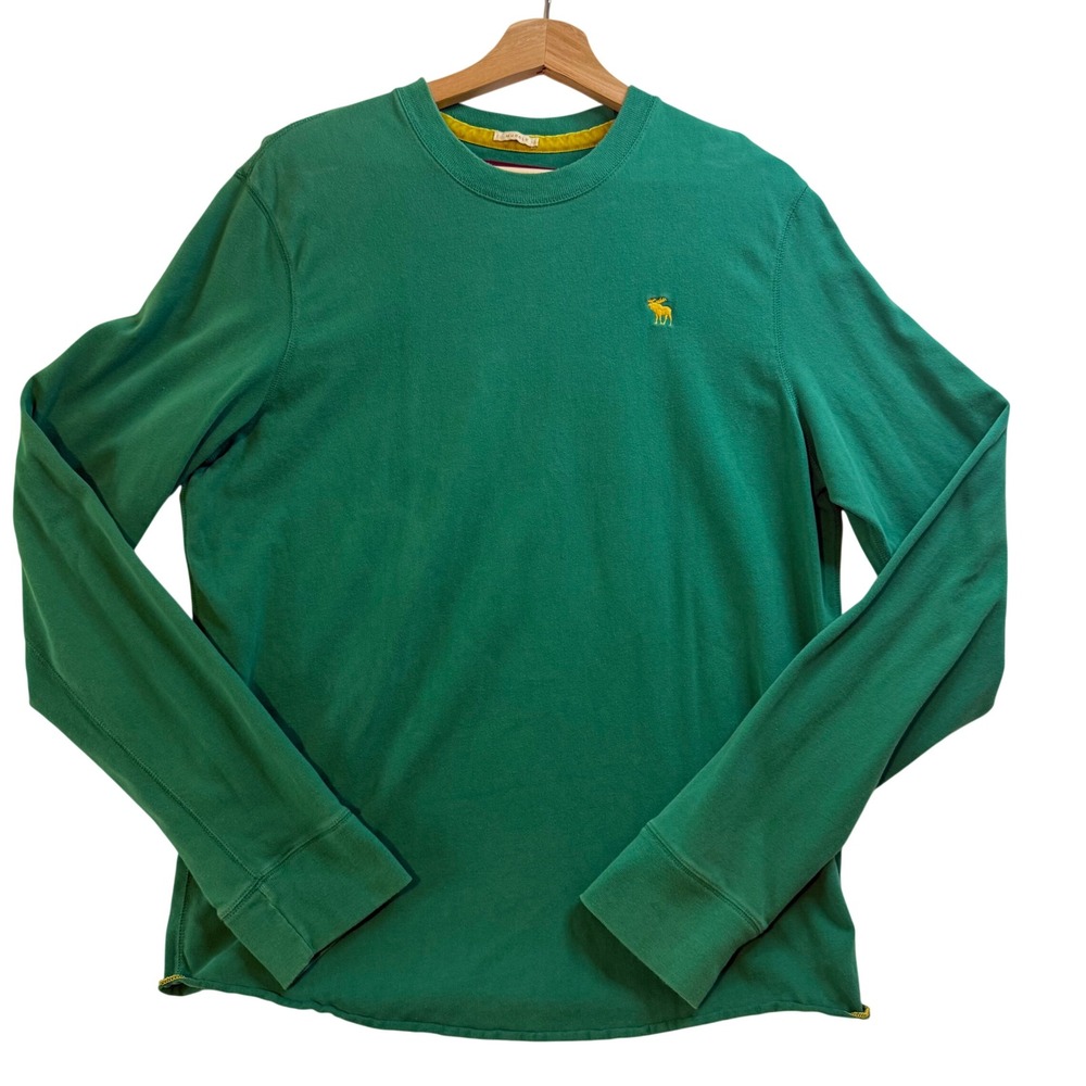 VTG Y2K Abercrombie Fitch Long Sleeve Crew Neck‎ TShirt Green Moose Logo Men Med